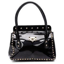 Borsa Tote Valentino Rockstud in vernice nera con doppio manico e patta