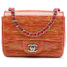 Chanel Orange Mini Square Classic Patent Striped Single Flap