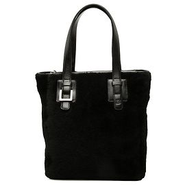 LOEWE Black Shearling Anagram Vertical Zip Tote