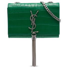 Autre Marque Saint Laurent Green Small Croc Embossed Leather Monogram Kate Tassel Crossbody