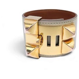 Hermès BRASLETE HERMES COLLIER DE CHIEN S 14-17CM CUERO SWIFT CREME & DORE BANGLE