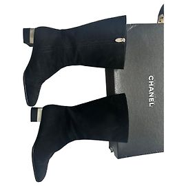 Chanel Black Suede Block Heel Boots with CC Logo