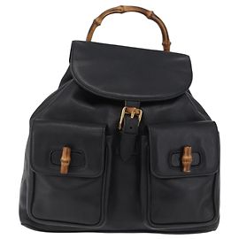 GUCCI Bamboo Backpack Leather Black Gold Tone 003 2058 0016 Auth mr3112 - Jerrillo