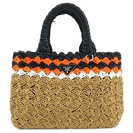 PRADA Bolso Tote 2Way de Rafia con Logotipo Triangular Beige Naranja Negro 1BG889