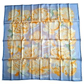 Hermès Hermes Les Pivoines silk scarf yellow blue
