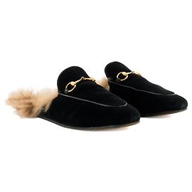 GUCCI - Mules Gucci Princetown in velluto nero e pelliccia beige (T38)