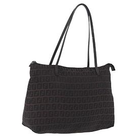 FENDI Zucchino Canvas Tote Bag Braun Silber