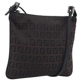 FENDI Zucchino Canvas Shoulder Bag Dark Brown Silver