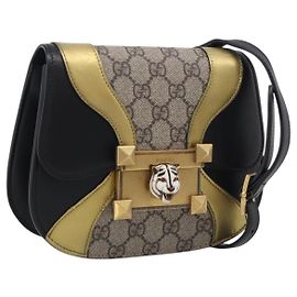 GUCCI GG Supreme Ojiride Bag Leather PVC Leather Beige Black 500781