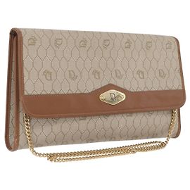 Christian Dior Honeycomb Canvas Chain Shoulder Bag PVC Beige Gold