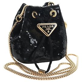 PRADA Pochette à épaule à chaîne à sequins Noir Or