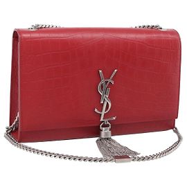 Autre Marque Saint Laurent Kate Chain Shoulder Bag Leather Red Silver