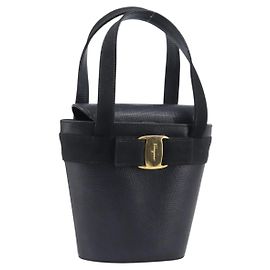 Salvatore Ferragamo Vala Hand Bag Leather Embossed Black Gold