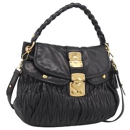 Miu Miu Bolsa de Ombro Matelassé Couro 2way Preta Ouro