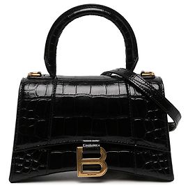 Borsa Hourglass Top Handle XS in pelle di vitello embossed croc nera Balenciaga