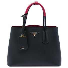 Prada Sac Satchel Double Bicolor en Cuir Saffiano Noir Medium