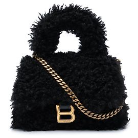 mala Balenciaga Hourglass Mini em shearling preto com pega superior
