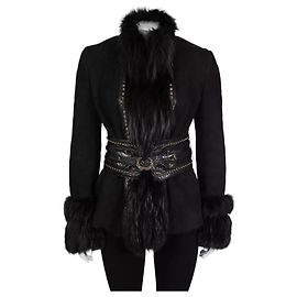 Chaqueta de cuero negro y piel de oveja Roberto Cavalli con ribete de piel de zorro IT 42 M de segunda mano