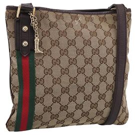 GUCCI GG Canvas Schultertasche Beige Goldfarben 144388