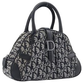 Christian Dior Trotter Canvas Double Saddle Hand Bag Black Silver