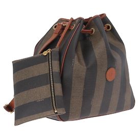FENDI Pequin Canvas Shoulder Bag PVC Black Brown