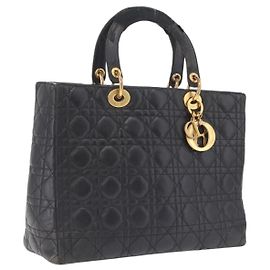 Christian Dior Canage Lady Dior GM Hand Bag Lamb Skin Black Gold