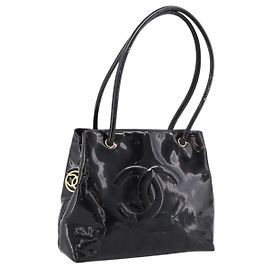 CHANEL COCO Mark Tote Bag Patent Black Gold Tone CC Auth bs37158 - Jerrillo