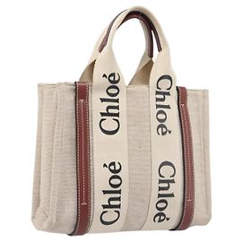 Chloé Chloe Woody Small Hand Bag Canvas Beige Brown Auth 209240A - Jerrillo