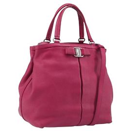 Salvatore Ferragamo Vala Hand Bag Leather 2way Pink Silver Auth BA16849A - Jerrillo