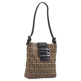 FENDI Zucchino Canvas Mamma Baguette Hand Bag Brown Silver Auth 207982 - Jerrillo