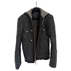Philipp Plein Herren Lederjacke (Biker-Stil mit Kapuze) Schwarz Top Zustand