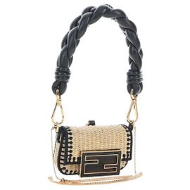 FENDI Nano Bucket Charm Hand Pouch Charm Raffia 2way Beige Gold
