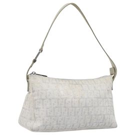 FENDI Zucchino Canvas Mamma Baguette Schultertasche Silber 8BR444