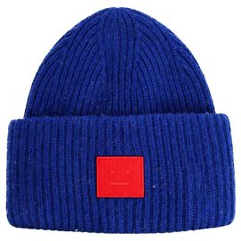 Acne Blaue Rippstrick-Mütze mit Large Face-Logo