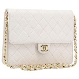 CHANEL Matelasse Shoulder Bag Lamb Skin White Gold Tone CC