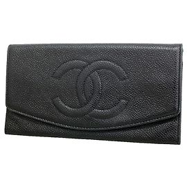 Portefeuille long Chanel en cuir caviar noir