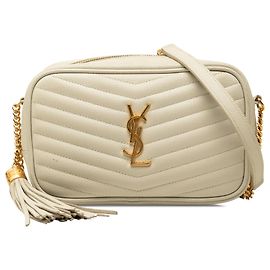 Autre Marque Bolsa Câmera Saint Laurent Lou Mini Grain de Poudre Monograma Branca com Borlas