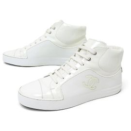 NEUF CHAUSSURES CHANEL BASKETS LOGO CC G32720 39 CUIR VERNI BLANC SNEAKERS