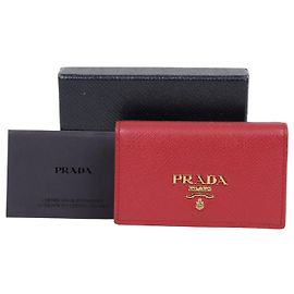 Prada Metal Logo Saffiano Leather Card Holder Fiery Red