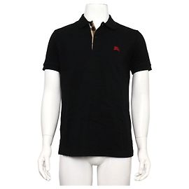 Burberry T-shirt Polo à manches courtes pour homme en coton noir avec logo rouge et carreaux cachés
