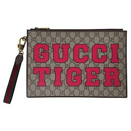 Gucci GG Jacquard Logo Supreme Tiger Strap Clutch Bag Beige
