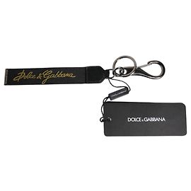 Dolce & Gabbana Herren-Schlüsselanhänger aus schwarzem Nylon mit Logo und silbernem Messing