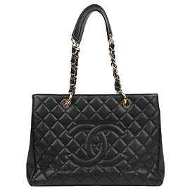 Chanel Borsa a tracolla Caviar Skin Grand Shopping Chain Shoulder Bag Nera con dettagli dorati
