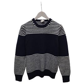 Moncler Navy gestreifter Rundhals-Strickpullover mit Logo-Patch