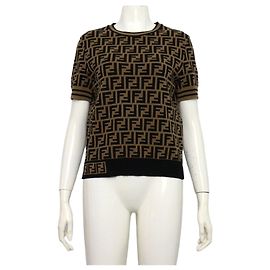 Fendi Maglione in maglia classico a maniche corte da donna in misto lana marrone con logo FF
