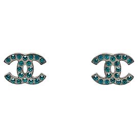 Chanel Pendientes Blue Cubic CC Silver