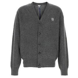 Loewe Embroidered Logo V-Neck Cardigan Gray