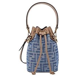 Fendi Borsa Bucket Mini Montrezzo FF Logo Denim Blue
