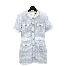 Balmain Hellblaues Tweed-Minikleid mit Knöpfen