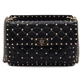 Valentino Borsa a tracolla Rockstud Spike Chain in pelle nera con dettagli dorati